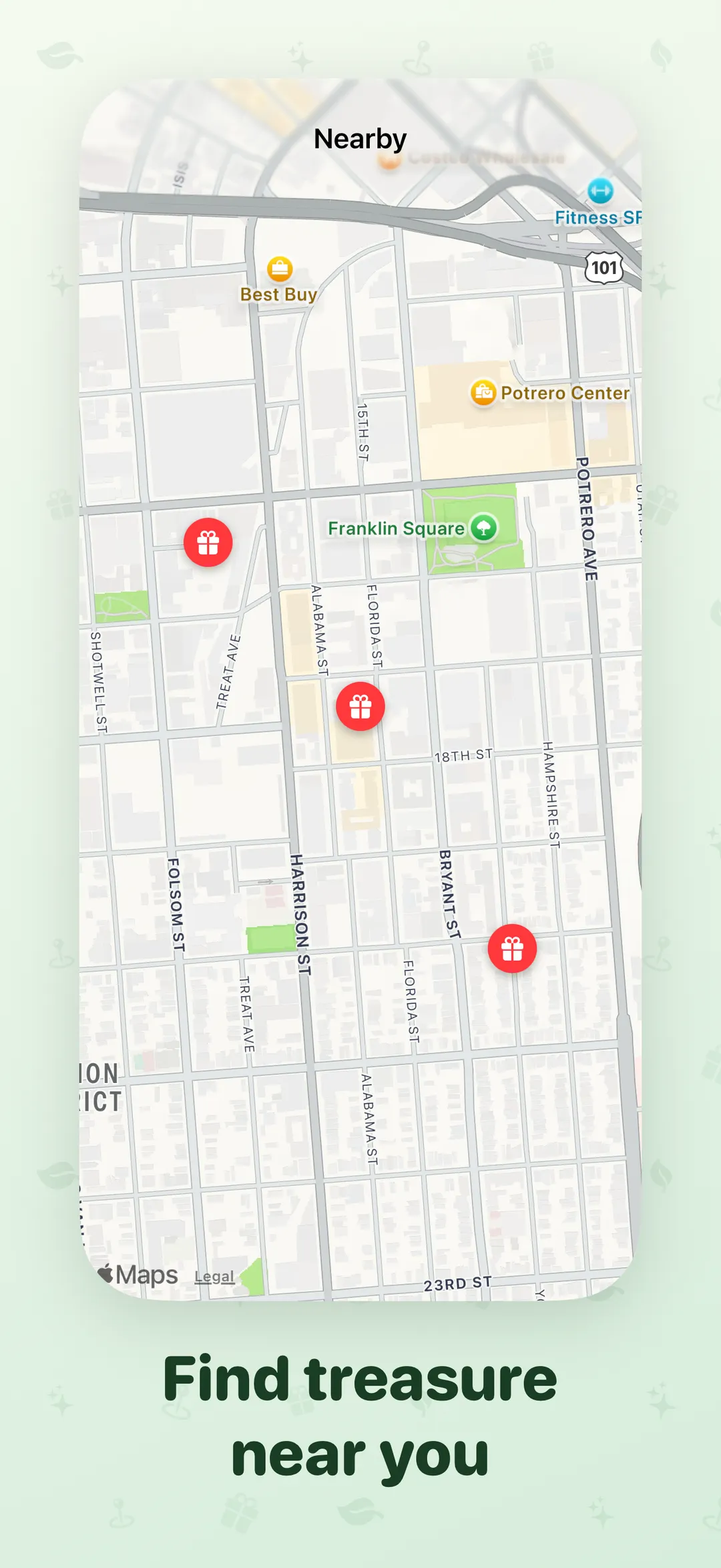 Map of nearby free items marked with gift pins
