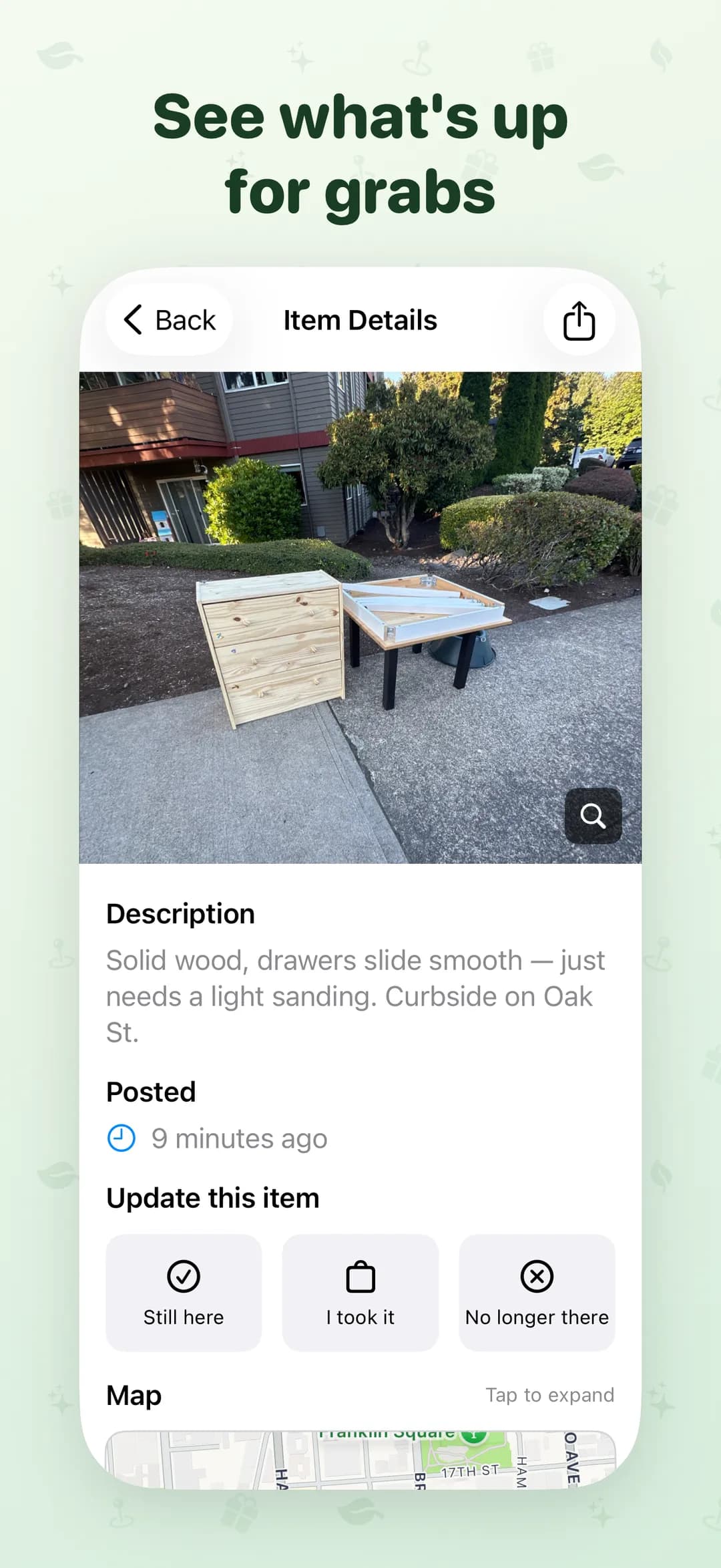 Item detail screen with photo, description, and pickup status
