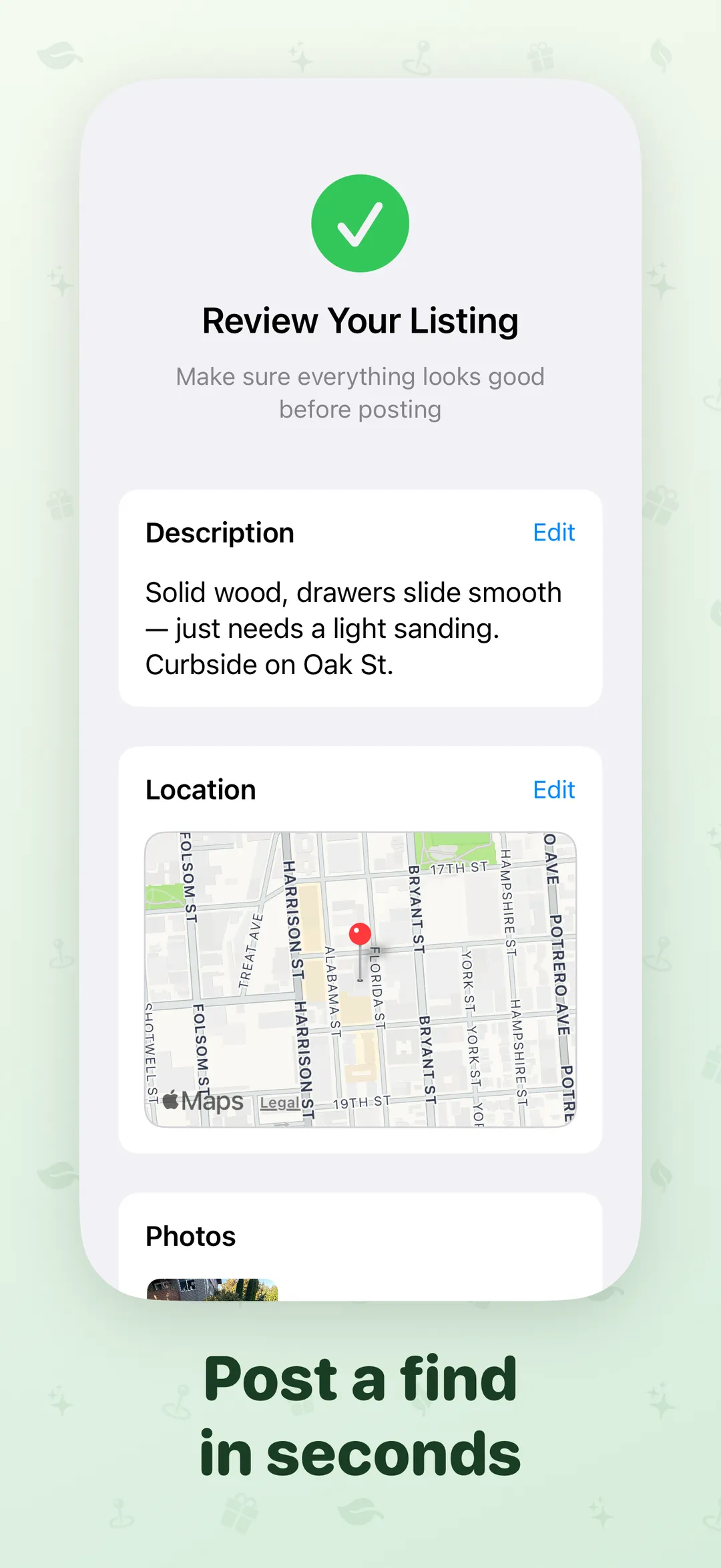 Posting a find — reviewing the listing description, location, and photos