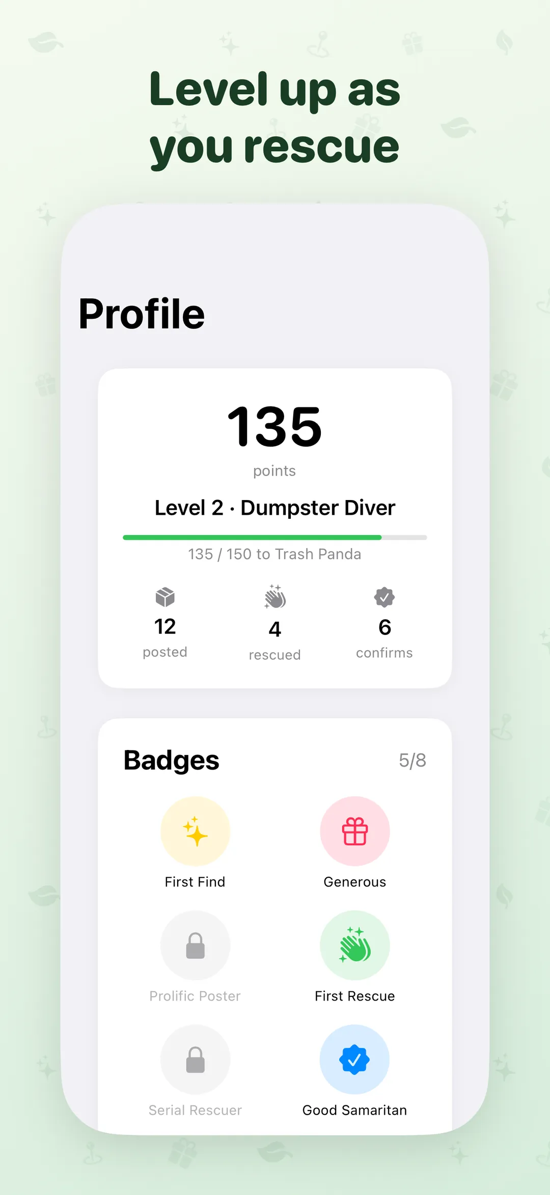 Profile screen with points, level progress, and earned badges